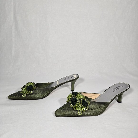 Vintage Y2K Hipster Fairy Hunter Green Floral Beaded Pointed Toe Mules Size 11M. - Picture 3 of 17